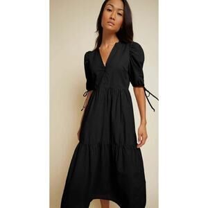 Nation LTD V-Neck 100% Pima Cotton Tiered Jet Black Dustin Romantic Midi Dress